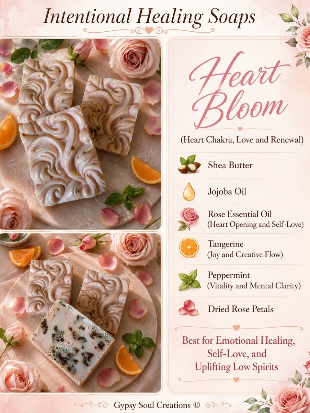 Heart Bloom Rose Petal Shea Butter Hand-Poured Artisan Soap - Picture 3 of 3